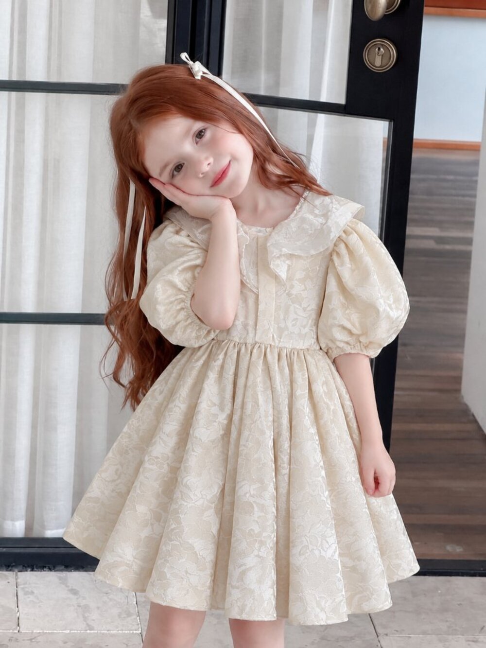 Vintage Formal Girls Dress Size 7/8 Cream Ivory Puff Sleeve (c0)